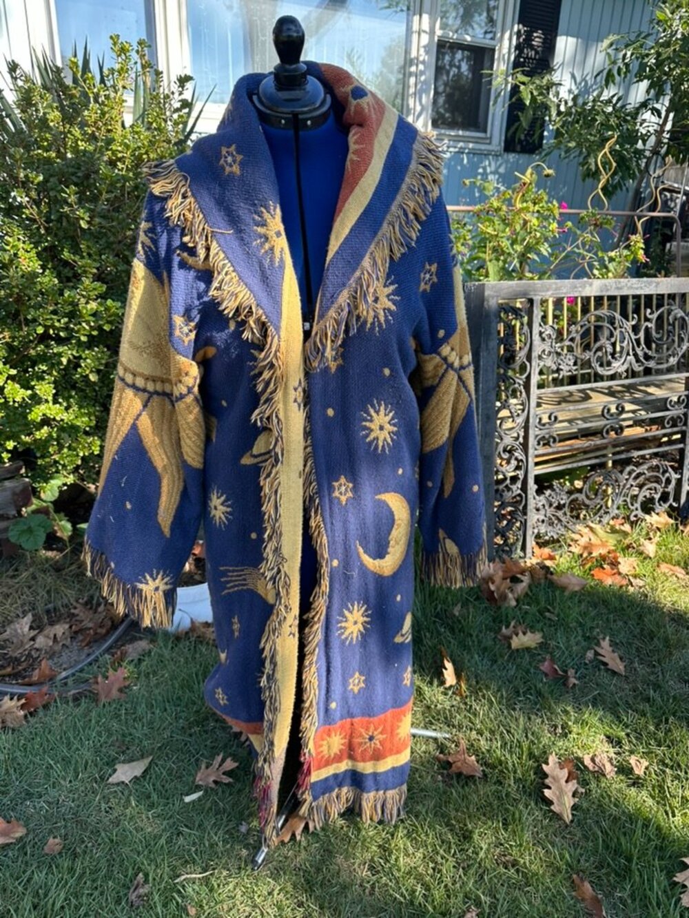 VTG Lew Magram Whimsigoth Celestial Woven Tapestry Blanket Duster Coat